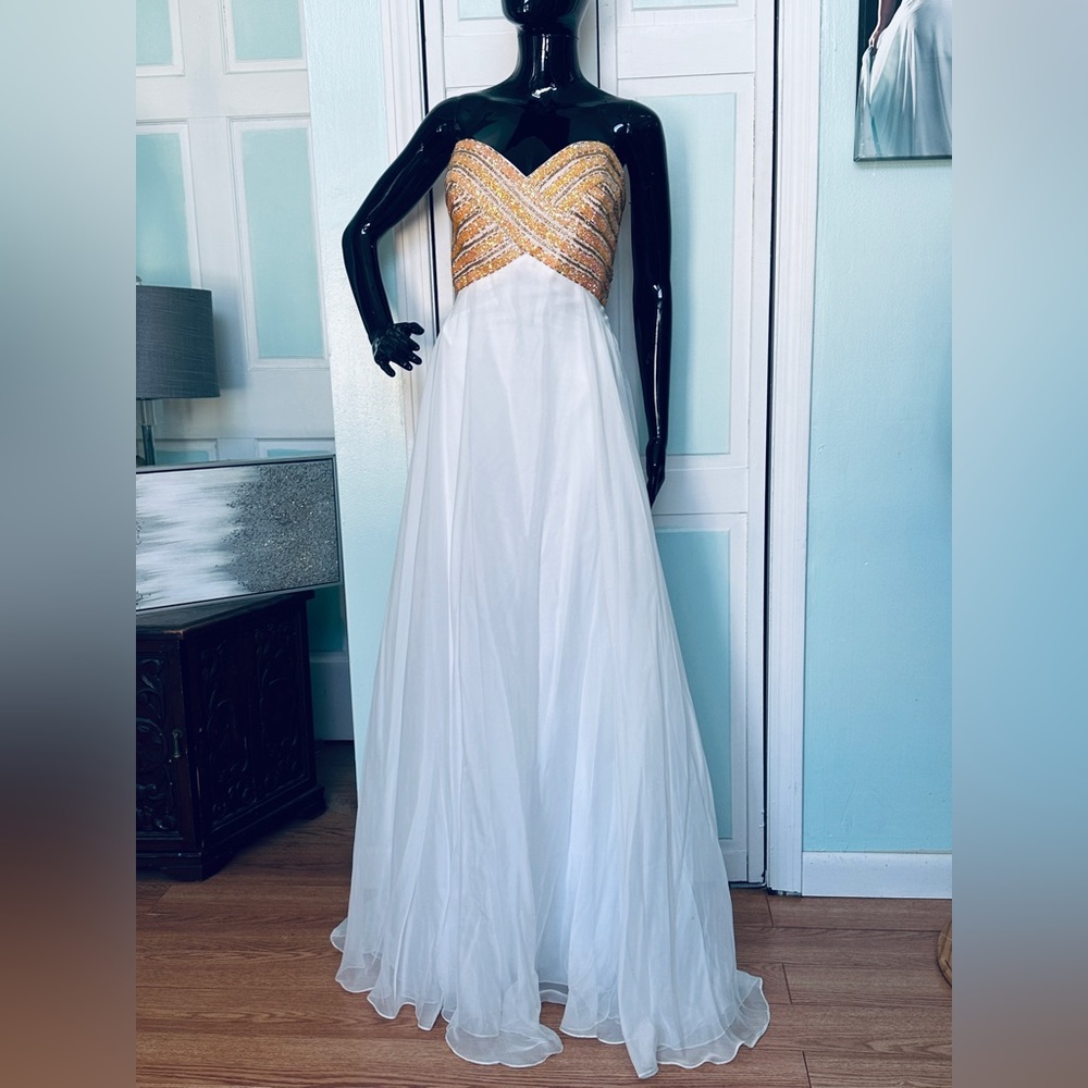Madison James White and Gold Strapless Prom Dress